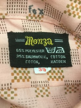 MONZA, Salmon Pink, Olive Green, Brown, Black, Polyester, Cotton, Check , Geometric, Long Sleeves, Button Front, 1 Pocket, Collar Attached,
