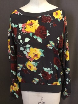 ELLA MOSS, Black, Brown, Gold, Mint Green, Yellow, Silk, Floral, Pull Over, Boat Neck, Ls, Ribbed Neck/cuffs/waist