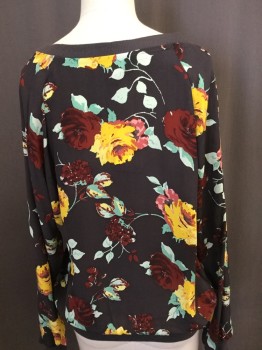 ELLA MOSS, Black, Brown, Gold, Mint Green, Yellow, Silk, Floral, Pull Over, Boat Neck, Ls, Ribbed Neck/cuffs/waist