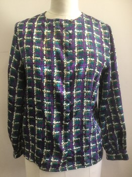 LAURA & JAYNE, Multi-color, Teal Green, Purple, Cream, Orange, Polyester, Wacky Spotted Grid Pattern, Satin, Long Sleeves, Self Fabric Covered Buttons at Front, Round Neck,