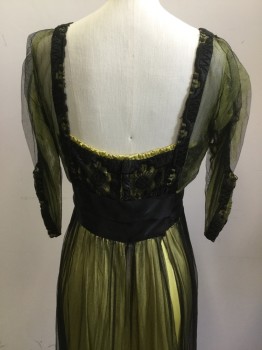 MTO, Black, Chartreuse Green, Silk, Floral, Solid, Black Silk Netting Overlay with Black Lace Bodice/ Hem of Sun, Square Neck, Chartreuse Satin Underlay with Chartreuse Silk Netting, 3/4 Sleeves, Black Satin Pleated Waist Band,