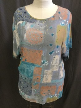 Womens, Shirt, LAURA FIEFFER, Gray, Salmon Pink, Teal Green, Teal Blue, Turquoise Blue, Polyester, Abstract , Color Blocking, 14, Color Block Print, Round Neck,  Short Sleeves, Split Side Hem