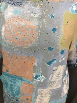 LAURA FIEFFER, Gray, Salmon Pink, Teal Green, Teal Blue, Turquoise Blue, Polyester, Abstract , Color Blocking, Color Block Print, Round Neck,  Short Sleeves, Split Side Hem