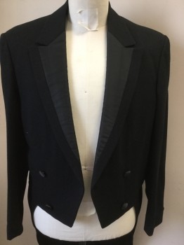 Mens, Tailcoat 1890s-1910s, DOMINIC GHERARDI, Black, Wool, Polyester, Solid, 42S, Notched Satin Lapel, Open Front with 4 Buttons, Black Lining,