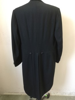 Mens, Tailcoat 1890s-1910s, DOMINIC GHERARDI, Black, Wool, Polyester, Solid, 42S, Notched Satin Lapel, Open Front with 4 Buttons, Black Lining,