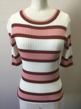 Womens, Pullover, FRAME, Off White, Rose Pink, Maroon Red, Acrylic, Wool, Stripes - Horizontal , XS, Off White with Pink and Maroon Horizontal Stripes, Lightweight Rib Knit, 1/2 Sleeves, Scoop Neck, Fitted