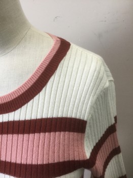 Womens, Pullover, FRAME, Off White, Rose Pink, Maroon Red, Acrylic, Wool, Stripes - Horizontal , XS, Off White with Pink and Maroon Horizontal Stripes, Lightweight Rib Knit, 1/2 Sleeves, Scoop Neck, Fitted