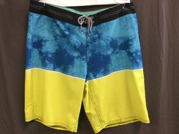 Mens, Swim Trunks, REEF, Turquoise Blue, Blue, White, Yellow, Black, Polyester, Cotton, Tie-dye, Color Blocking, 36, Black Waistband, with Black/white String Tie Front, Turquoise/blue Tiedye & Bright Yellow Color Block, 1 Pocket with Flap