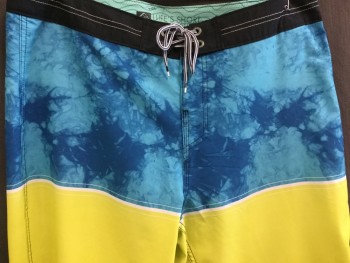 Mens, Swim Trunks, REEF, Turquoise Blue, Blue, White, Yellow, Black, Polyester, Cotton, Tie-dye, Color Blocking, 36, Black Waistband, with Black/white String Tie Front, Turquoise/blue Tiedye & Bright Yellow Color Block, 1 Pocket with Flap
