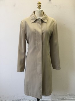 Womens, Coat, Trenchcoat, N/L, Lt Khaki Brn, Nylon, Polyester, Solid, 6, Hidden Placket Button Front, 2 Pockets, Collar Attached, Long Sleeves, Missing Lining, Missing Button Attached Hood