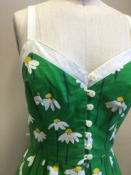 LANZ, Kelly Green, White, Yellow, Navy Blue, Cotton, Floral, Sleeveless, Button Front Bodice, V-neck, Pleated Skirt, Belt Loops,