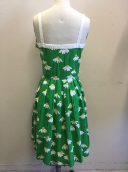 LANZ, Kelly Green, White, Yellow, Navy Blue, Cotton, Floral, Sleeveless, Button Front Bodice, V-neck, Pleated Skirt, Belt Loops,