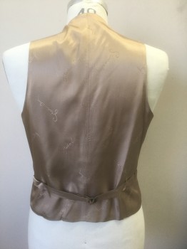 Mens, Vest, GIVENCHY, Tan Brown, Wool, Solid, 40, Twill Weave, 5 Buttons, 2 Welt Pockets, Beige Lining and Back with "Givenchy" Repeating Pattern, Belted Back