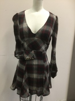 FREE PEOPLE, Red, Black, Beige, Rayon, Plaid, Keyhole Back, Side Zipper, 4 Buttons Cuffs, Loose Weave, V-neck, Empire Waist,