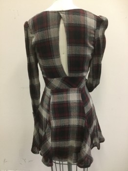 FREE PEOPLE, Red, Black, Beige, Rayon, Plaid, Keyhole Back, Side Zipper, 4 Buttons Cuffs, Loose Weave, V-neck, Empire Waist,