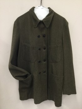 DOMINIC GHERARDI, Brown, Olive Green, Cream, Wool, Heathered, Working Class Coat, Medium Weight, 4 Patch Pockets, Double Breasted, Collar Attached, Plaid Flannel Lining,