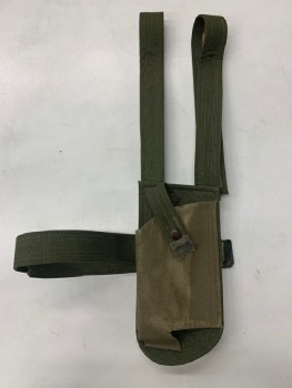 Unisex, Sci-Fi/Fantasy Accessory, MTO, Olive Green, Nylon, Gun Holster Strapped to the Thigh and Hangs Off A Belt (Not Included), Velcro, Distressed,