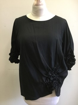 Womens, Top, COS, Faded Black, Modal, Polyester, Solid, 10, Scoop Neck, 3/4 Sleeve, Back Zip, Wide Smocked Sleeve Hem, Wide Smocked Off Center Front Panel
