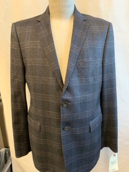 Mens, Sportcoat/Blazer, ETRO, Black, White, Brown, Gray, Blue, Wool, Silk, 2 Color Weave, Plaid, 38 R, 2 Buttons,  Notched Lapel, 3 Pockets,