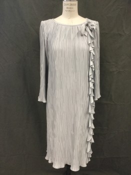 Womens, Evening Gown, DISCOVERY, Silver, Polyester, Solid, B 34, Gathered Wrinkle Pleats, Scoop Neck, 3/4 Bell Sleeves, Solid Silver Ruffle Down Off Center Front with Bow Tie