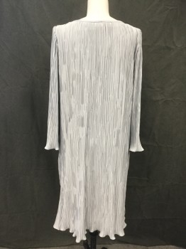 Womens, Evening Gown, DISCOVERY, Silver, Polyester, Solid, B 34, Gathered Wrinkle Pleats, Scoop Neck, 3/4 Bell Sleeves, Solid Silver Ruffle Down Off Center Front with Bow Tie