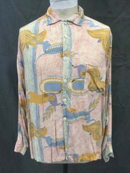 GRUPPO DI CAPI, Pink, Cream, Turmeric Yellow, Blue-Gray, Cotton, Abstract Floral and Dogs, Button Front, Collar Attached, Long Sleeves, 1 Pocket, Button Cuff  ***Hole Back, Near Side Left Side Seam**