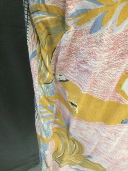GRUPPO DI CAPI, Pink, Cream, Turmeric Yellow, Blue-Gray, Cotton, Abstract Floral and Dogs, Button Front, Collar Attached, Long Sleeves, 1 Pocket, Button Cuff  ***Hole Back, Near Side Left Side Seam**