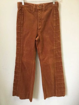 Womens, Jeans, RED SNAP, Burnt Orange, Cotton, Patchwork, Solid, W:28, Burnt Orange Denim, Self Patchwork Squares At Sides, High Waist, Wide Leg, Zip Fly, 4 Pockets, with 2 Tiny Welt Pockets At Front,