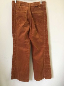 Womens, Jeans, RED SNAP, Burnt Orange, Cotton, Patchwork, Solid, W:28, Burnt Orange Denim, Self Patchwork Squares At Sides, High Waist, Wide Leg, Zip Fly, 4 Pockets, with 2 Tiny Welt Pockets At Front,