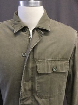 Mens, Casual Jacket, ALL SAINTS, Green, Cotton, Solid, S, Zipper and Button Closure, Patch /flap Pocket Left Chest, Diagonal Hand Pockets, Collar Attached, Yoke
