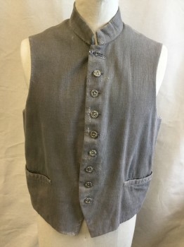 NL, Lt Gray, Slate Gray, Cotton, Solid, Stand Collar, Button Front, 9 Silver Tone Metal Buttons (Top Button Missing), 2 Welt Front Pockets, Textured Lt. Gray Front, Flat Cotton Muslin Back and Lining, 2 Flat Gray Cotton Muslin Back Adjusting Ties, Light Aging and Distressing, Rust Stain on Left Shoulder and Right Side of Collar