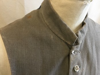 Mens, Historical Fiction Vest, NL, Lt Gray, Slate Gray, Cotton, Solid, 46, Stand Collar, Button Front, 9 Silver Tone Metal Buttons (Top Button Missing), 2 Welt Front Pockets, Textured Lt. Gray Front, Flat Cotton Muslin Back and Lining, 2 Flat Gray Cotton Muslin Back Adjusting Ties, Light Aging and Distressing, Rust Stain on Left Shoulder and Right Side of Collar