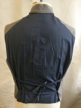 NL, Lt Gray, Slate Gray, Cotton, Solid, Stand Collar, Button Front, 9 Silver Tone Metal Buttons (Top Button Missing), 2 Welt Front Pockets, Textured Lt. Gray Front, Flat Cotton Muslin Back and Lining, 2 Flat Gray Cotton Muslin Back Adjusting Ties, Light Aging and Distressing, Rust Stain on Left Shoulder and Right Side of Collar