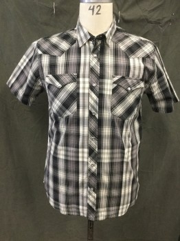 LEVI'S, Black, White, Gray, Cotton, Polyester, Plaid, Snap Front, Collar Attached, Western Yoke, 2 Flap Pockets, Short Sleeves