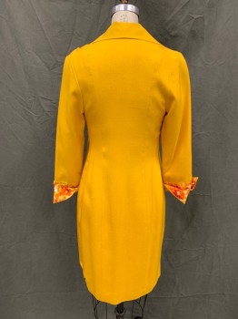N/L, Orange, Silk, Solid, Long Jacket, Open Front, Collar Attached, 3/4 Sleeve, Rolled Back Cuff with Floral Red/Yellow/Orange Lining 2 Faux Flap Pockets,