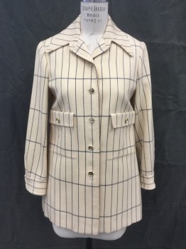 Womens, Coat, N/L, Antique White, Black, Wool, Grid , B 34, Twill, Single Breasted, Gold Button Front, Pointy Collar Attached, 2 Patch Pockets with Flaps, Long Sleeves, Button Cuffs