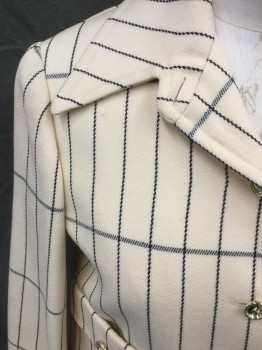Womens, Coat, N/L, Antique White, Black, Wool, Grid , B 34, Twill, Single Breasted, Gold Button Front, Pointy Collar Attached, 2 Patch Pockets with Flaps, Long Sleeves, Button Cuffs