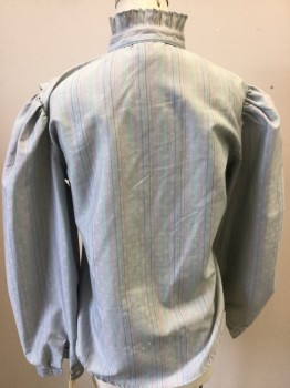 Womens, Blouse, OAK HILL, Lt Gray, Silver, Multi-color, Polyester, Cotton, Dots, Stripes - Vertical , B 34, Button Front, Long Sleeves, Collar Band with Knife Pleat Ruffle, Knife Pleat Ruffle Bib, Multicolor Pinstripes with Silvery Diamond Shaped Dot Pattern