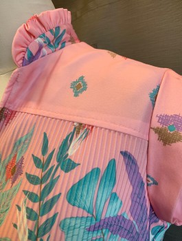 Q R, Bubble Gum Pink, Sea Foam Green, Lavender Purple, Lt Brown, Polyester, Floral, Stretchy Fabric, Cap Sleeve, Stand Collar with Self Ruffle, V-neck, Micro Pleated Texture at Bodice, Elastic Waist, Knee Length, **With Matching Sash Belt