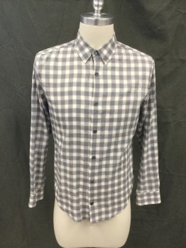 THEORY, Heather Gray, White, Lt Brown, Cotton, Check , Button Front, Collar Attached, Long Sleeves, Button Cuff