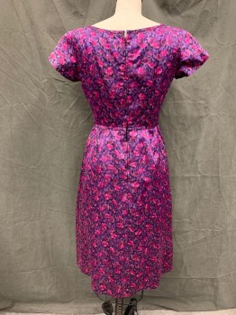 N/L, Purple, Magenta Pink, Pink, Black, Silk, Floral, Boat neck, Dolman Short Sleeves, Pleated Skirt, Hem Below Knee, Zip Back, Early 1960's