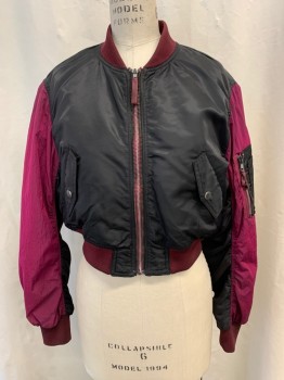 Womens, Casual Jacket, N/L, Black, Cranberry Red, Polyester, Color Blocking, 36b, XS, 30w, Cropped Bomber, Rib Knit Collar/cuffs/Waistband, Zip Front, Fits All Sizes, Multiples