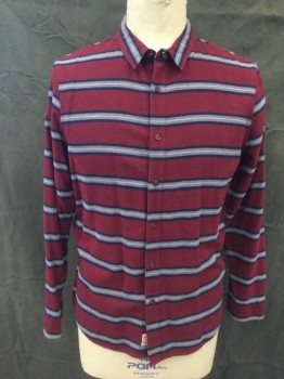 1901, Red, Navy Blue, Gray, White, Cotton, Stripes - Vertical , Twill Flannel, Button Front, Collar Attached, Long Sleeves, Button Cuff