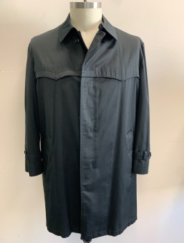 Mens, Coat, KORATRON, Black, Cotton, Solid, 46, Trench Coat, Single Breasted, 4 Buttons, Collar Attached, Covered Button Placket, Wavy Scallopped Yoke Detail Across Chest, Plaid Lining