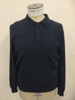 Mens, Pullover Sweater, SPRING & MERCER, Navy Blue, Cashmere, Solid, L, Polo Style, Long Sleeves, Ribbed Knit Collar Attached, Ribbed Knit Cuff/Waistband, 3 Button Placket