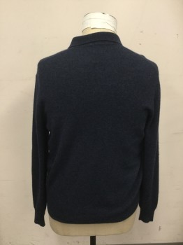 Mens, Pullover Sweater, SPRING & MERCER, Navy Blue, Cashmere, Solid, L, Polo Style, Long Sleeves, Ribbed Knit Collar Attached, Ribbed Knit Cuff/Waistband, 3 Button Placket