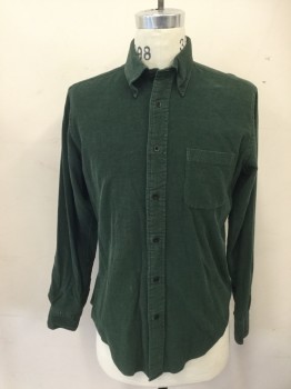BROOKS BROTHERS, Forest Green, Cotton, Wool, Solid, Corduroy, Button Front, Collar Attached, Button Down Collar, Long Sleeves, 1 Pocket