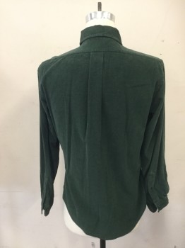 BROOKS BROTHERS, Forest Green, Cotton, Wool, Solid, Corduroy, Button Front, Collar Attached, Button Down Collar, Long Sleeves, 1 Pocket
