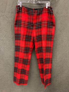 Womens, Pants, HIGHLAND QUEEN, Red, Black, White, Wool, Plaid, H 42, W 34, Darted, Zip Front with Hook & Eye,