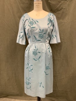 N/L, Lt Blue, Silk, Beaded, Solid, Floral, Lt Blue with Blue Floral Beaded Pattern, Scoop Neck, Dolman 3/4 Sleeve, Gathered Skirt with Piping Waist, Hem Below Knee, Zip Back with Piping Bow Attached at Waist,